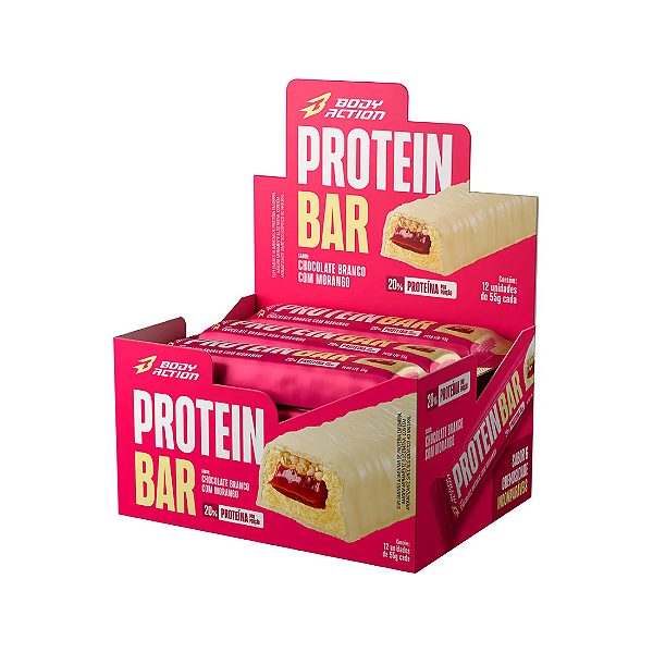 PROTEIN BAR - SABOR CHOCOLATE BRANCO C/ MORANGO - CX 12un x 55g - BODYACTION