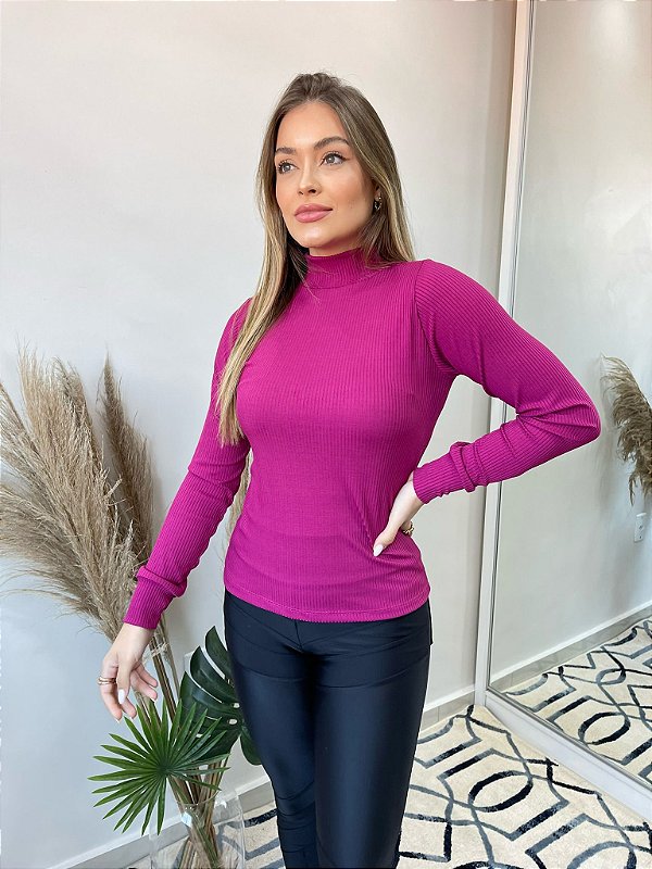 Blusa Gola Alta Canelada Rosa Fúcsia