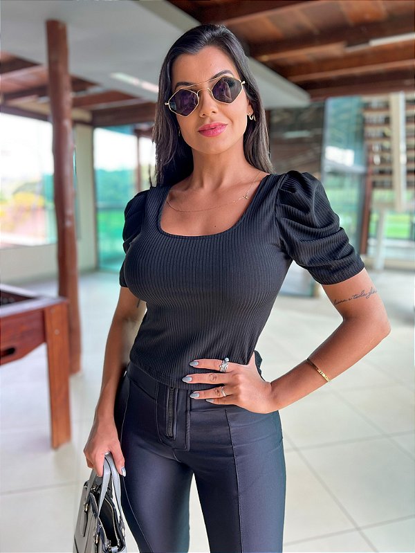 Cropped Canelado Rafaela Preto