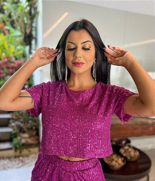 Cropped de Paetê Júlia Rosa Fúcsia