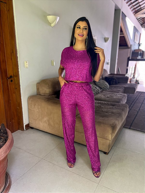 Conjunto de Paetê Rita Rosa Fúcsia