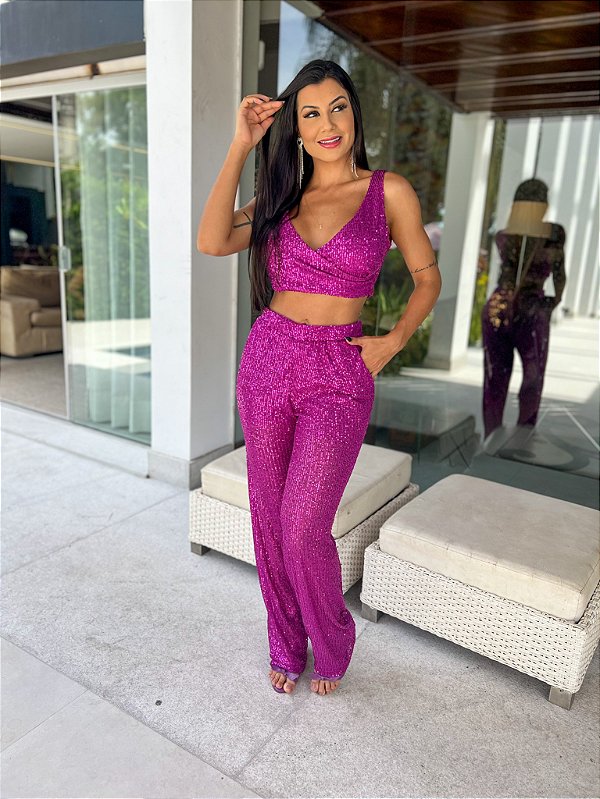 Conjunto de Paetê Cássia Rosa Fúcsia