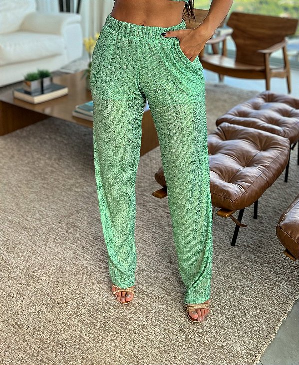 Calça Pantalona de Paetê Ângela Verde Oliva