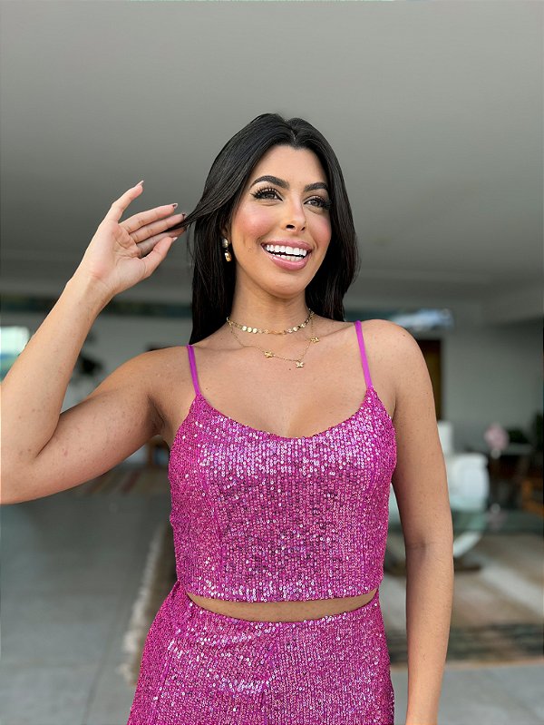 Cropped de Paetê Cris Rosa Metálico