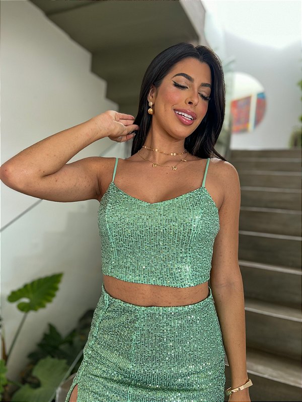 Cropped de Paetê Cris Verde Oliva