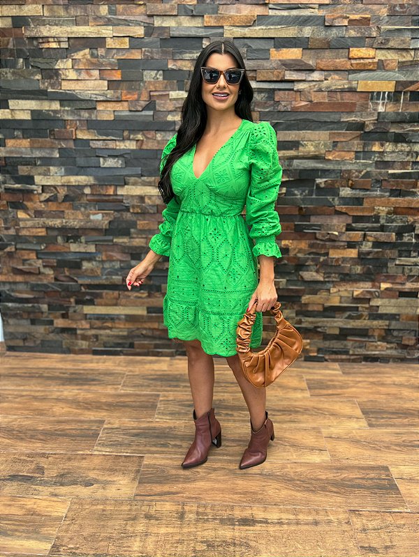 Vestido Pérola Curto de Laise Manga Bufante Verde Primavera