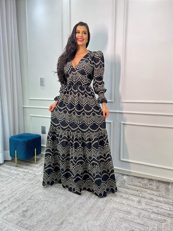 Vestido Glória Longo de Laise Bicolor Manga Bufante Preto