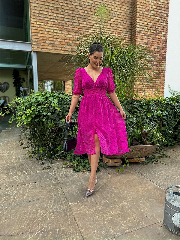 Vestido Vitória  Manga 3/4 de Poá Pink