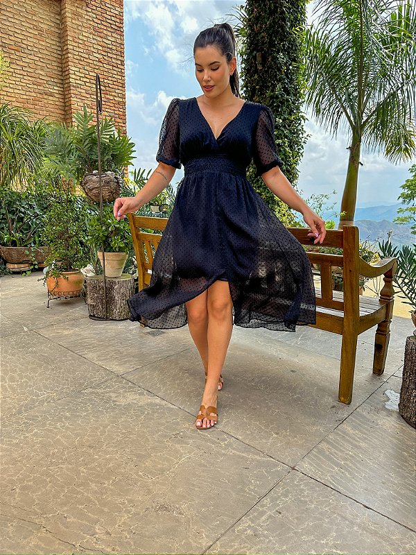 Vestido Vitória  Manga 3/4 de Poá Preto