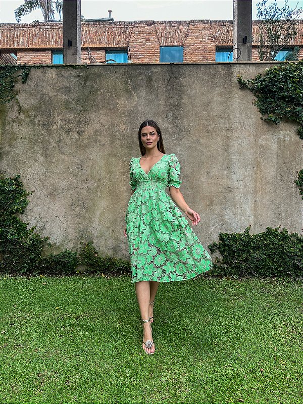 Vestido Vitória  Manga 3/4 Renda Bicolor Verde com Bege