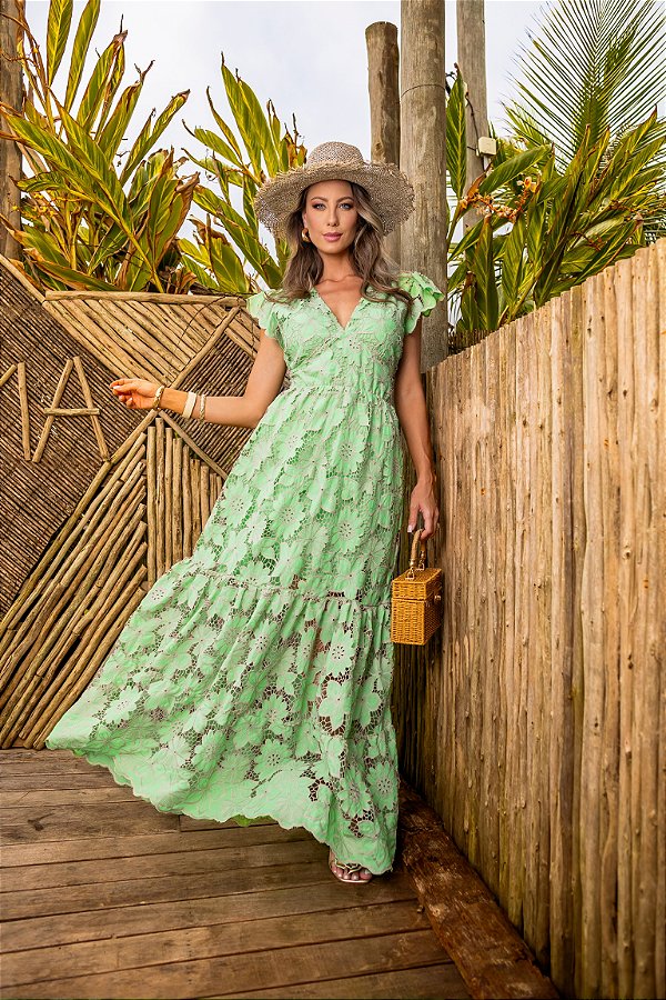 Vestido Glória Longo de Renda Bicolor Verde com Bege