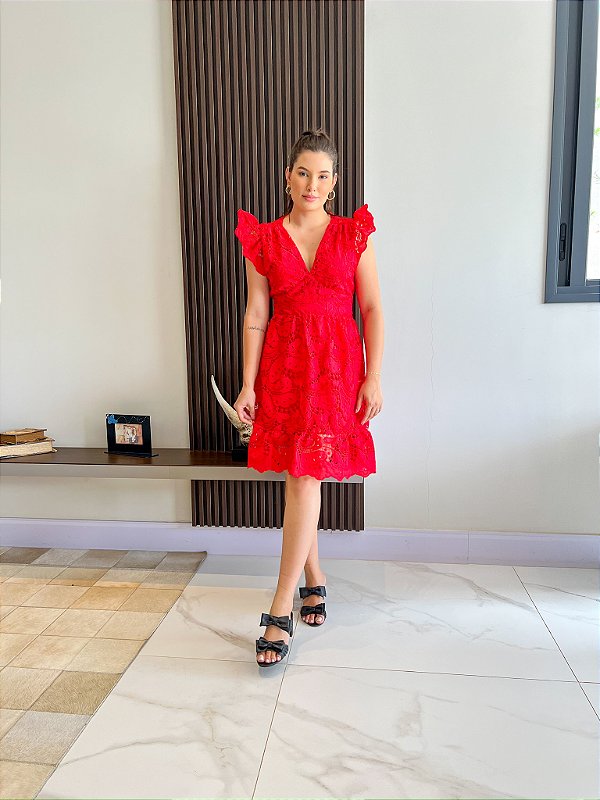 Vestido Glória  Curto de Renda Vermelho