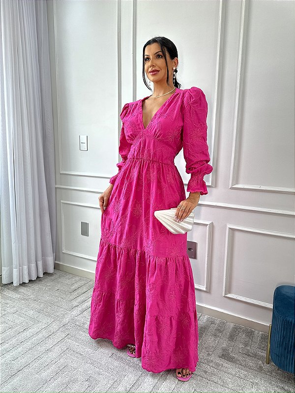 Vestido Glória Longo de Linho Manga Bufante Pink