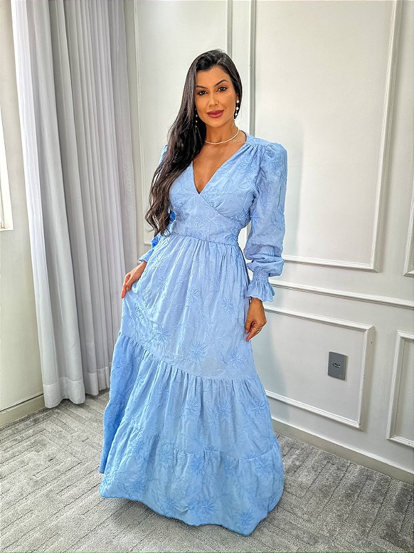 Vestido Glória Longo de Linho Manga Bufante Azul Céu