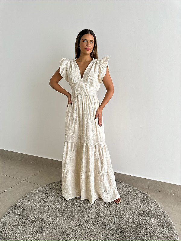 Vestido Glória Longo de Linho Cru