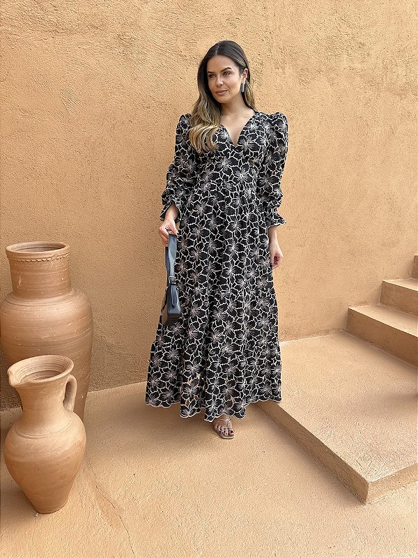 Vestido Glória Longo manga bufante de Renda bicolor Bege com preto