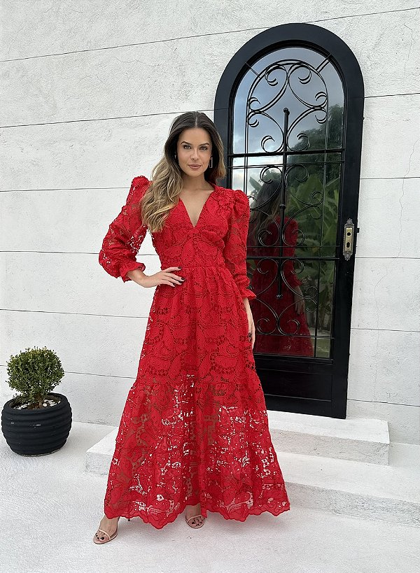 Vestido Glória Longo de Renda Manga bufante Vermelho