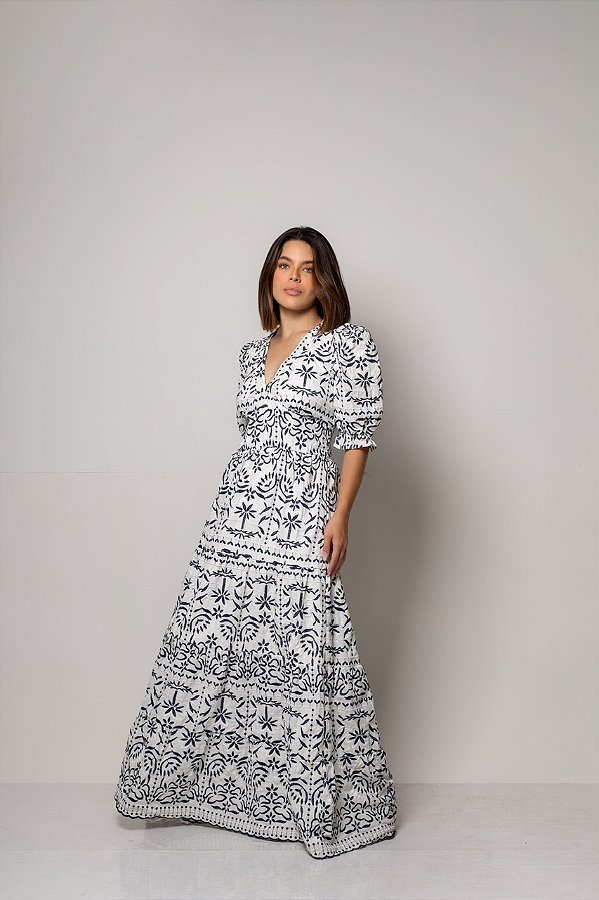 Vestido Madalena de Linho Bicolor Branco com Azul Marinho