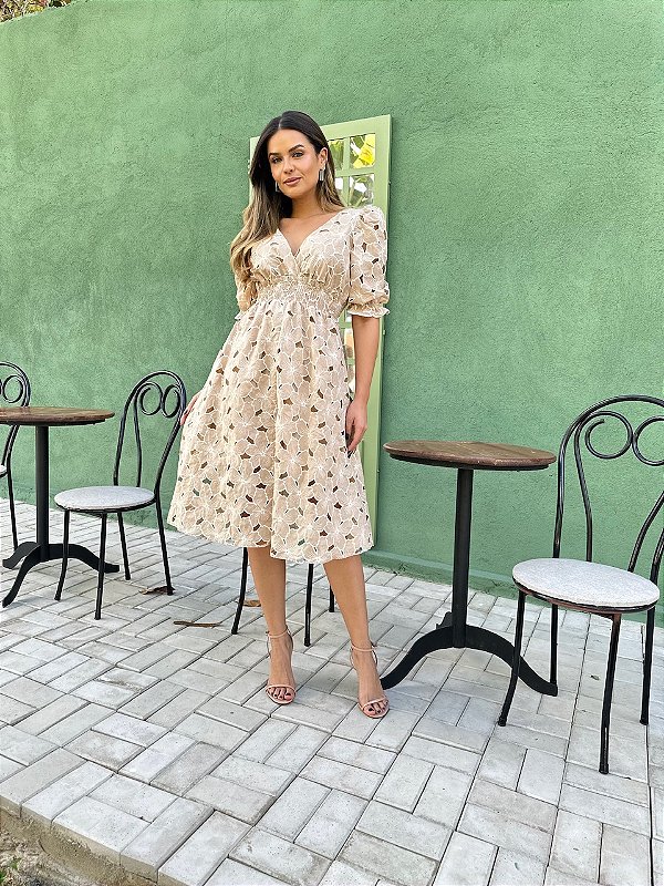 Vestido Vitória  Manga 3/4 Renda Bicolor nude com Branco