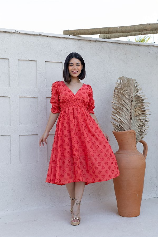 Vestido Vitória  Manga 3/4 Coral