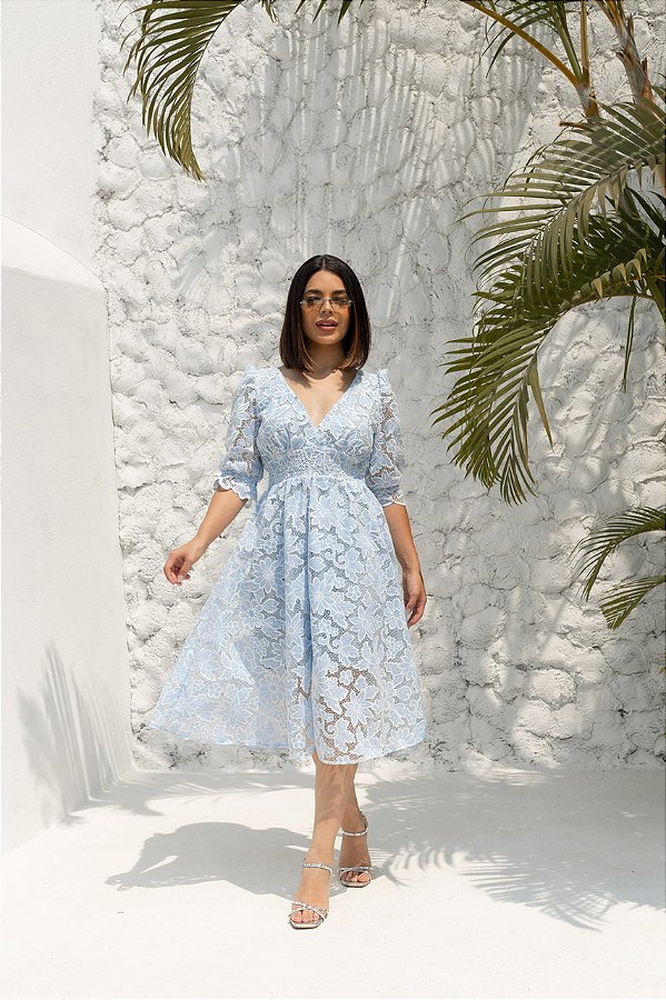Vestido Vitória  Manga 3/4 Renda Branca com Azul celeste