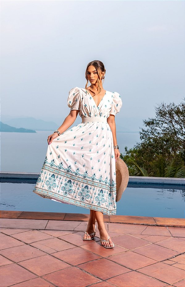 Vestido Agatha Bordado Branco com azul