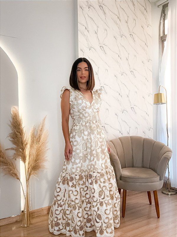 Vestido Glória Longo de Renda Bicolor Bege com Branco