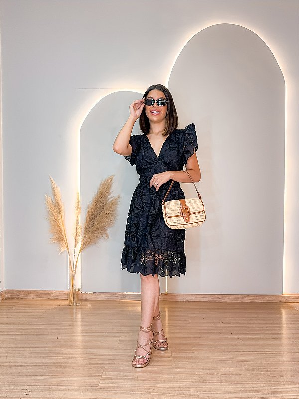 Vestido Glória Curto de Renda Preto