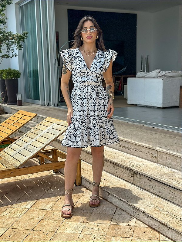 Vestido Glória Curto de Linho Bicolor Branco com Azul