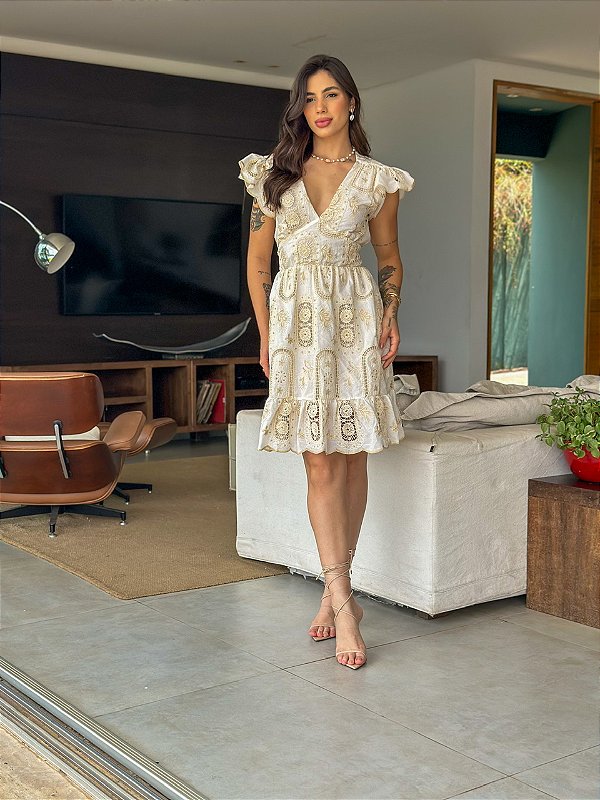 Vestido Glória Cordone Curto de Algodão Bordado Bicolor Branco com Bege