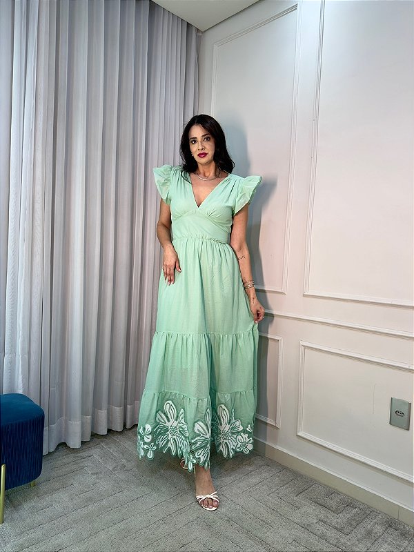 Vestido Glória Longo de Algodão Bordado Verde Oliva