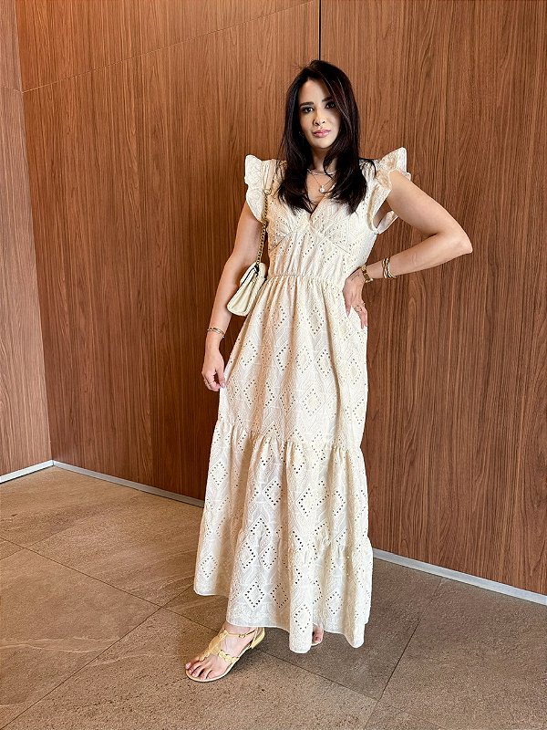 Vestido Glória Longo de Linho Bordado em Cordonê Cru