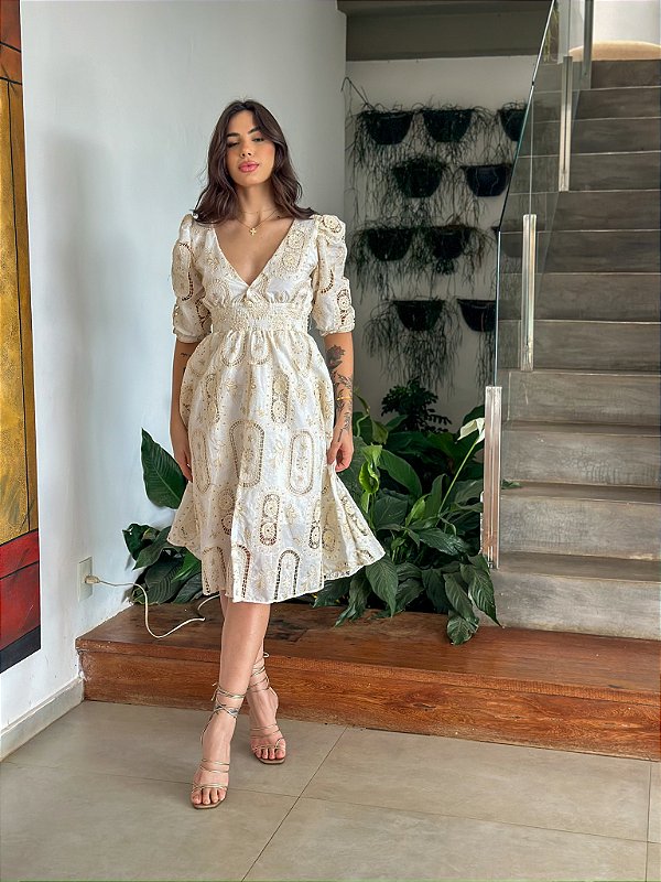 Vestido Vitória  Manga 3/4 Algodão Bordado Bicolor Branco com Bege