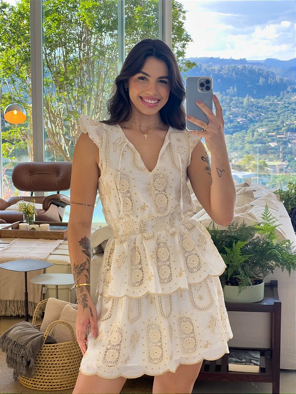 Vestido Raquel Bicolor Branco com Bege em Algodão com Cordonê