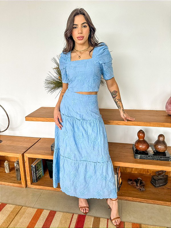 Conjunto de Linho Francesca Bordado Azul Celeste