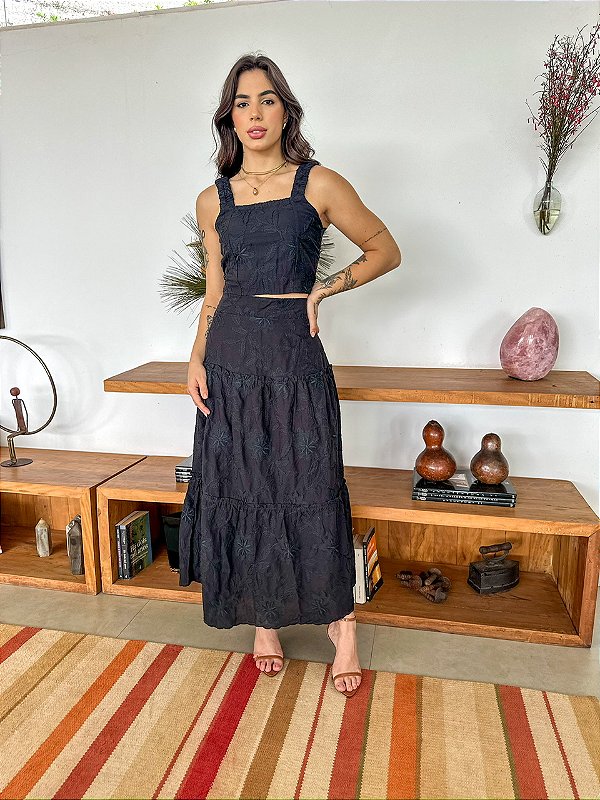 Conjunto de Linho Bordado Charlotte Preto