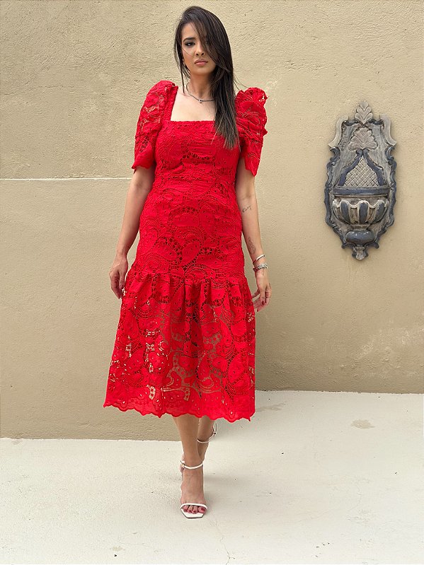 Vestido Midi Graça de Renda Vermelha