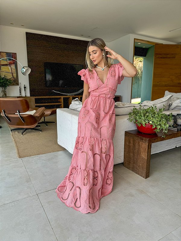 Vestido Glória Cordone longo Manga Curta