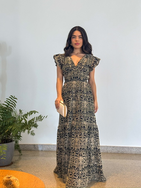 Vestido Glória Longo de Renda Bicolor Preto com bege