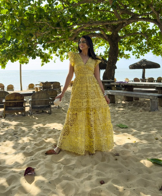 Vestido Glória Longo de Renda Bicolor Amarelo com bege