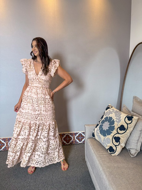 Vestido Glória Longo de Renda Bicolor Rosa com bege