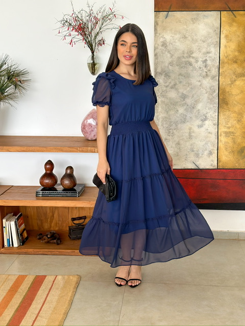 Vestido Rute de Crepe Azul Marinho