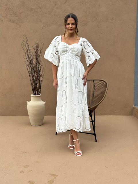 Vestido Cintia Cordone Midi de Algodão Bordado Branco