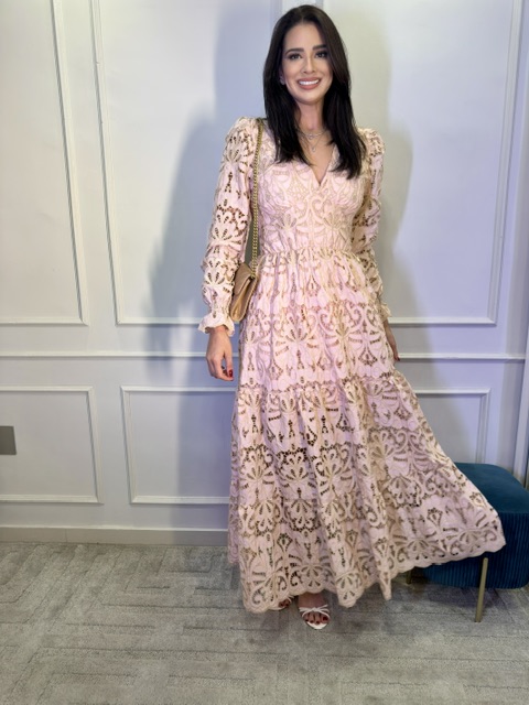 Vestido Glória Longo de Renda Manga bufante Rosa com Bege