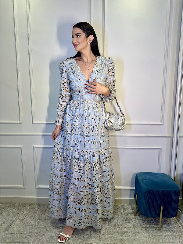 Vestido Glória Longo de Renda Manga bufante Azul com Bege