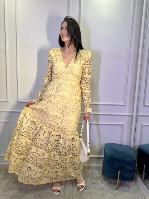 Vestido Glória Longo de Renda Manga bufante Amarelo com Bege