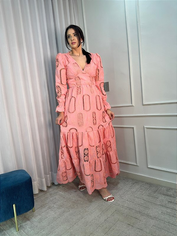 Vestido Glória Longo Cordonê Manga bufante Rosa Bloom
