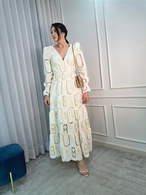 Vestido Glória Longo Cordonê Manga bufante Bicolor Branco com Bege