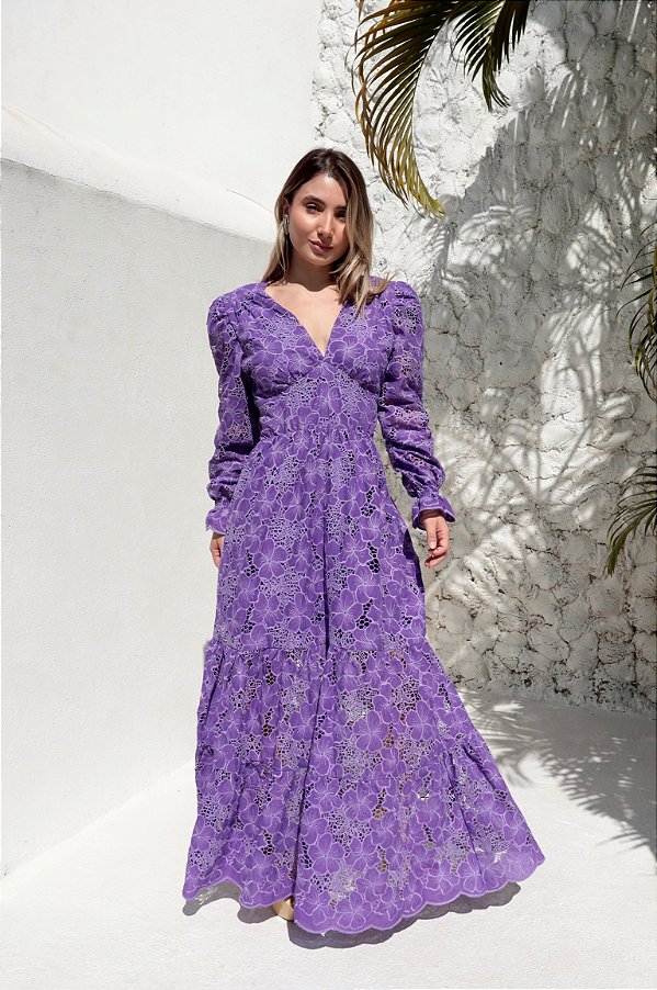 Vestido Glória Longo de Renda Manga bufante Roxo