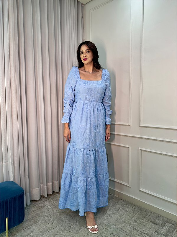 Vestido Marina de Linho Bordado Azul Celeste